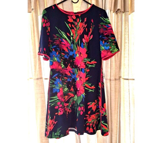 VINCE CAMUTO Floral Color Burst Painted Cobalt Blue Mini Dress Size 14 - Picture 1 of 9
